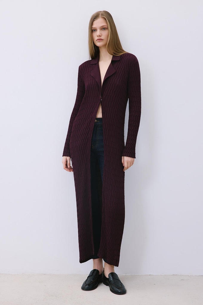 Burgundy Long Jacquard Knit Cardigan
