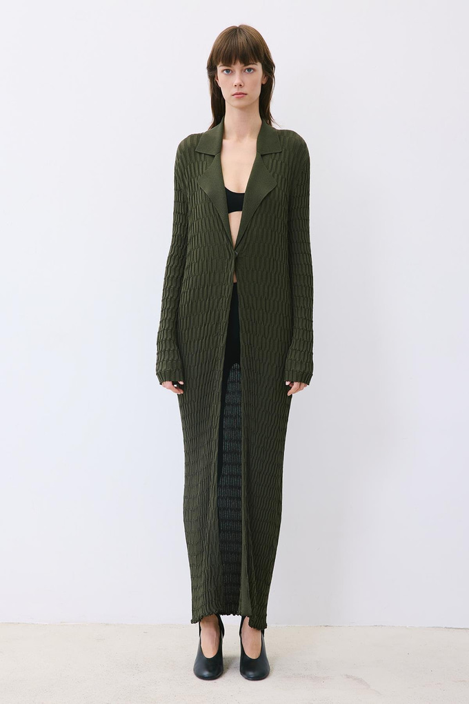 Khaki Long Jacquard Knit Cardigan