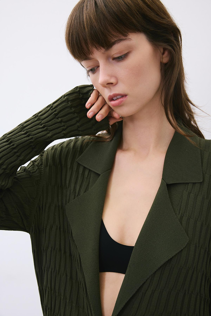 Khaki Long Jacquard Knit Cardigan