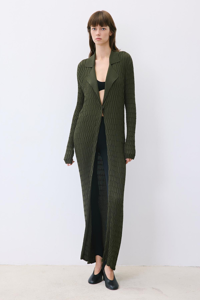 Khaki Long Jacquard Knit Cardigan