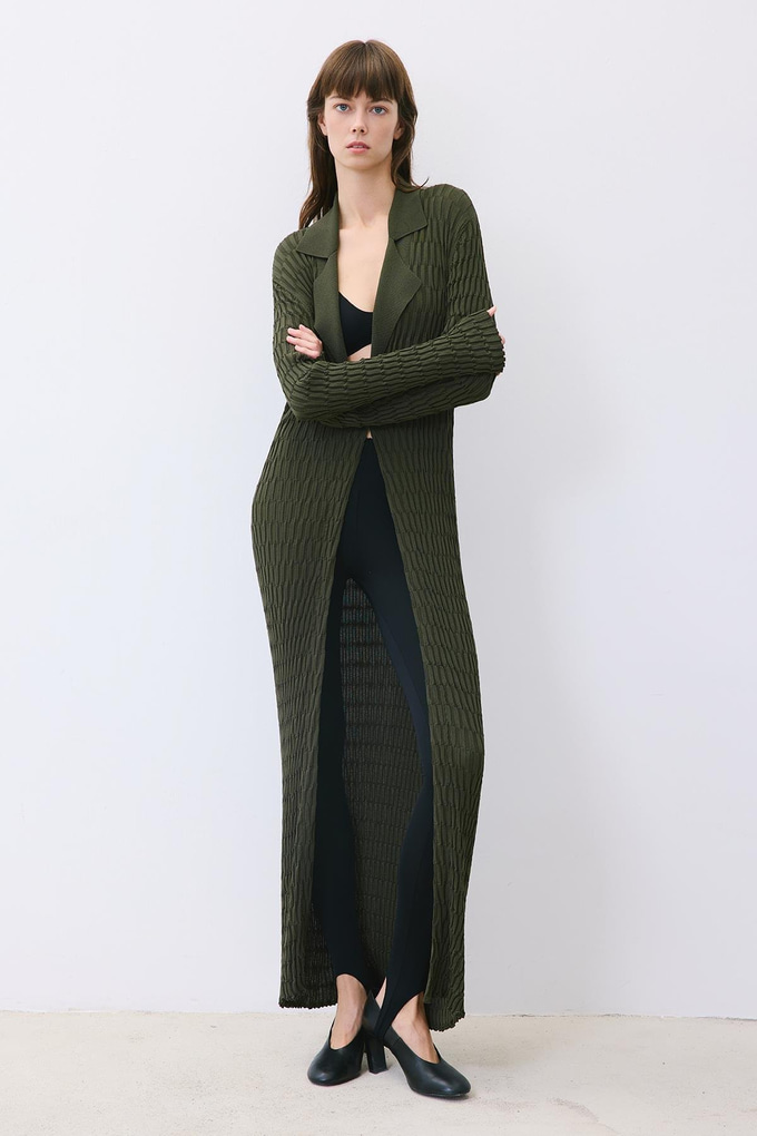 Khaki Long Jacquard Knit Cardigan