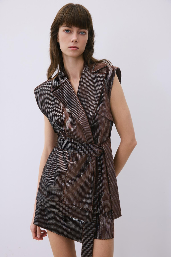 Brown Velvet Sequin Belted Vest