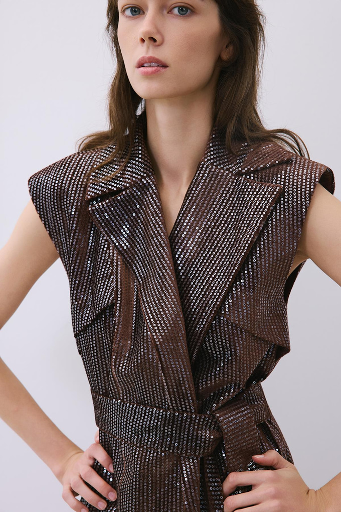 Brown Velvet Sequin Belted Vest