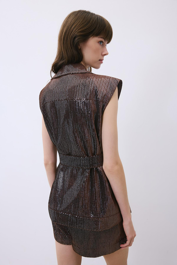 Brown Velvet Sequin Belted Vest