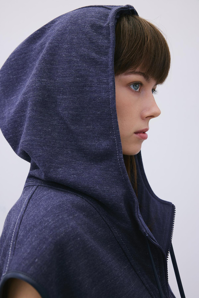 Indigo Knit Vest with Hood and Leather Trim