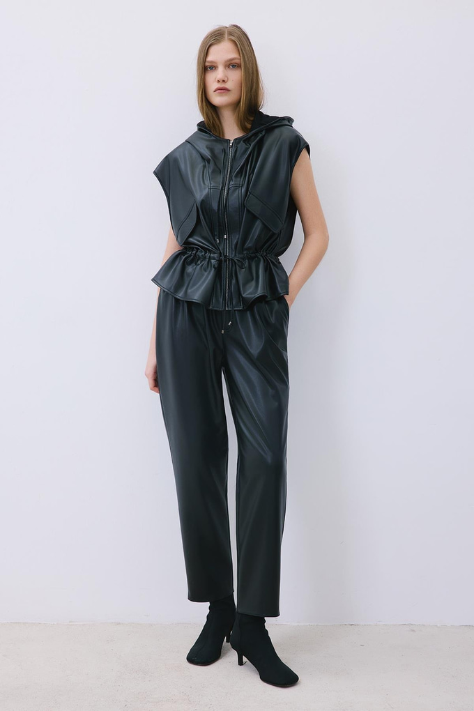 Black Adjustable Faux Leather Hooded Vest