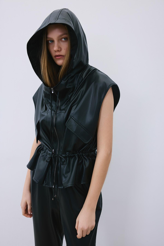 Black Adjustable Faux Leather Hooded Vest