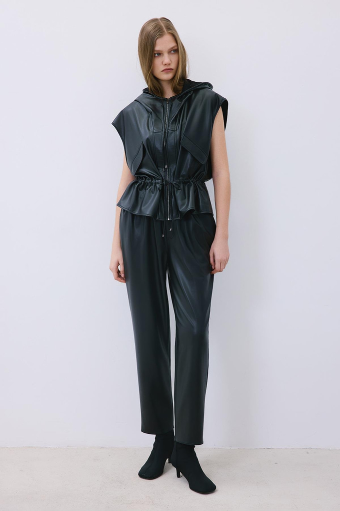 Black Adjustable Faux Leather Hooded Vest