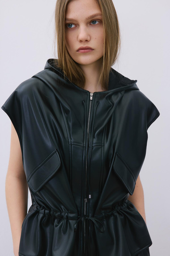Black Adjustable Faux Leather Hooded Vest
