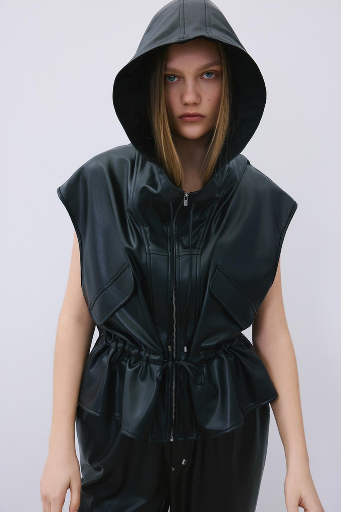 Black Adjustable Faux Leather Hooded Vest