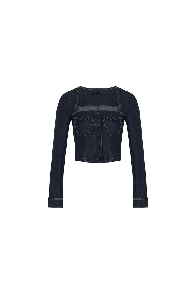 Kare Yaka Cep Detaylı Lacivert Denim Crop Gömlek