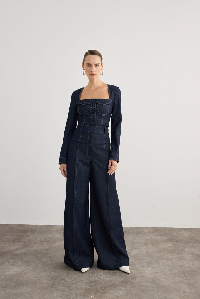 Kare Yaka Cep Detaylı Lacivert Denim Crop Gömlek