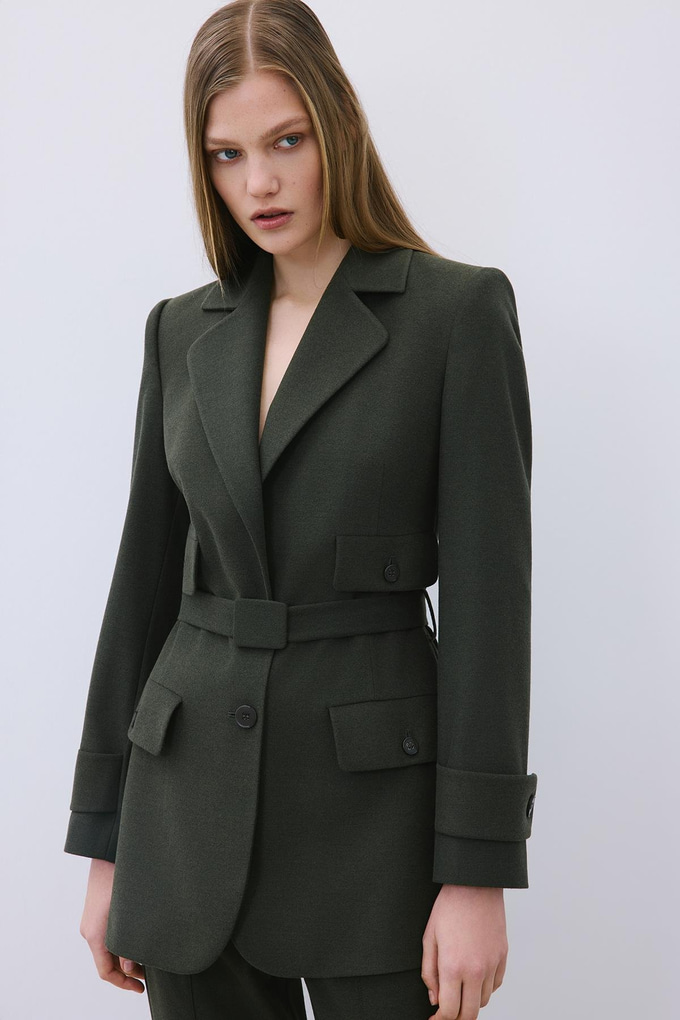 Khaki Belted Lined Jacket with Pockets