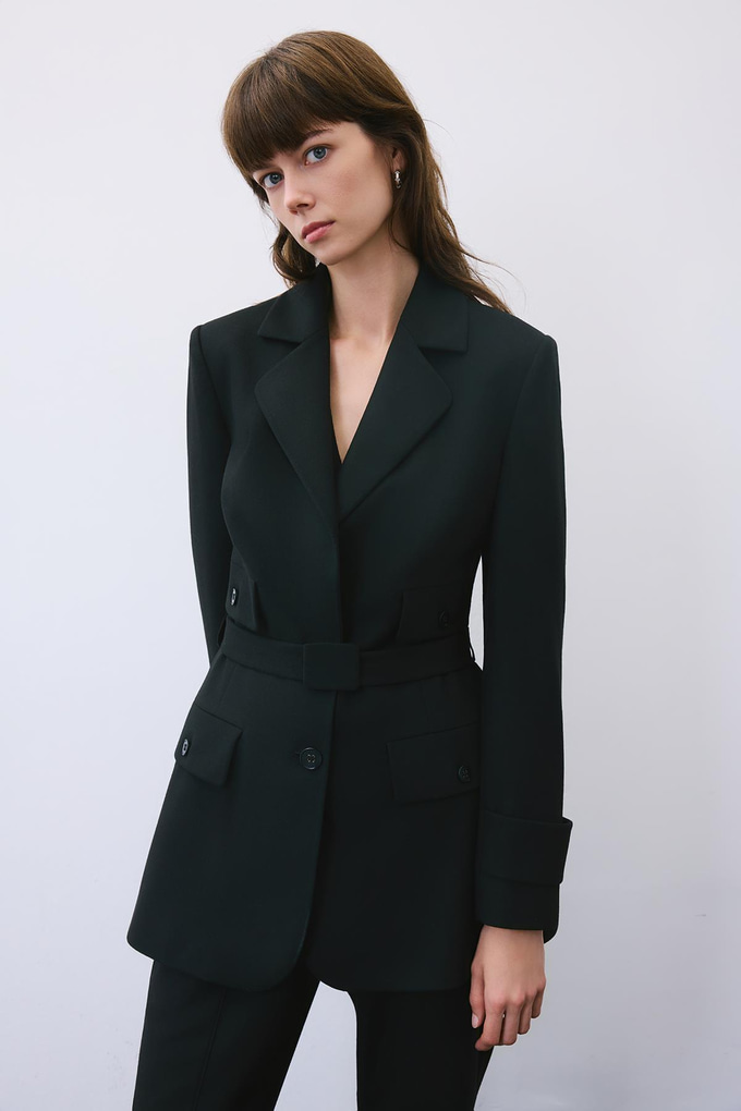 Black Belted Lined Jacket with Pockets
