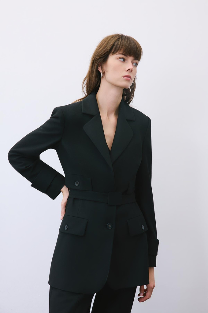 Black Belted Lined Jacket with Pockets
