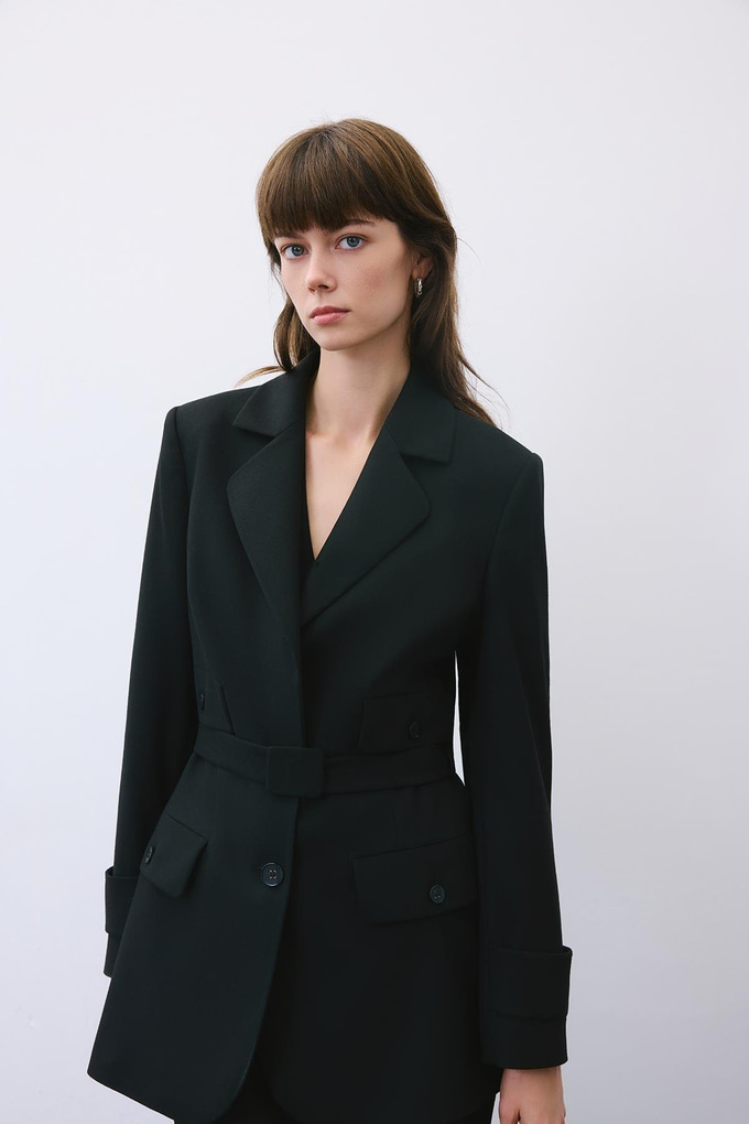 Black Belted Lined Jacket with Pockets