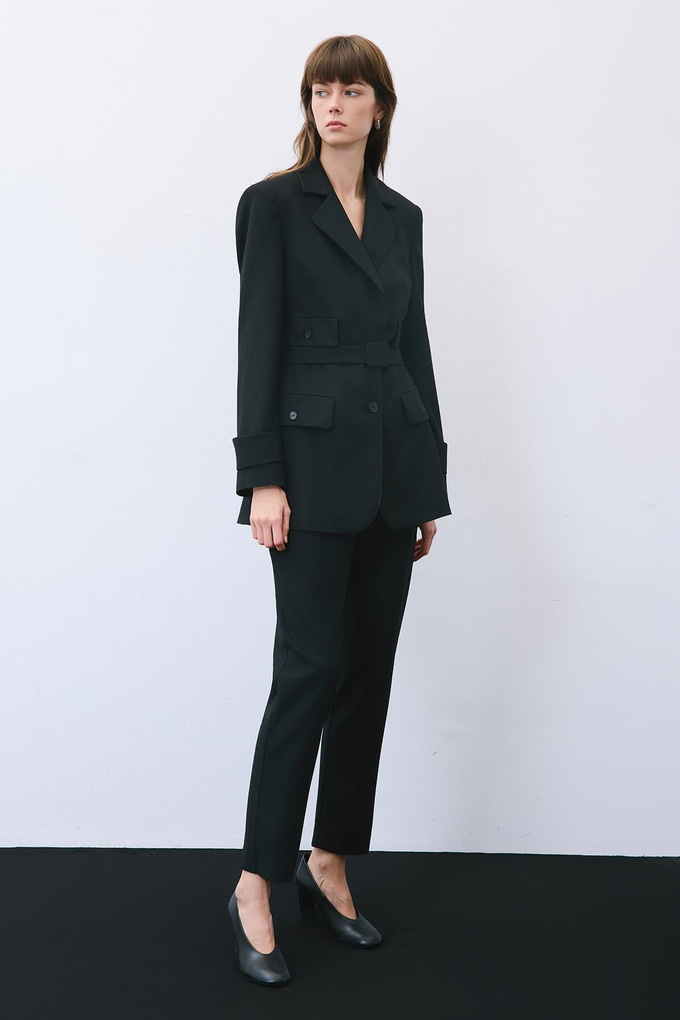 Black Belted Lined Jacket with Pockets