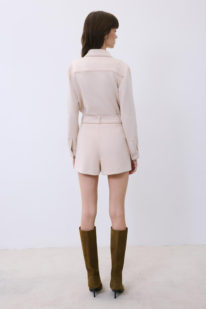 Beige Suede Shorts with Contrast Stitch