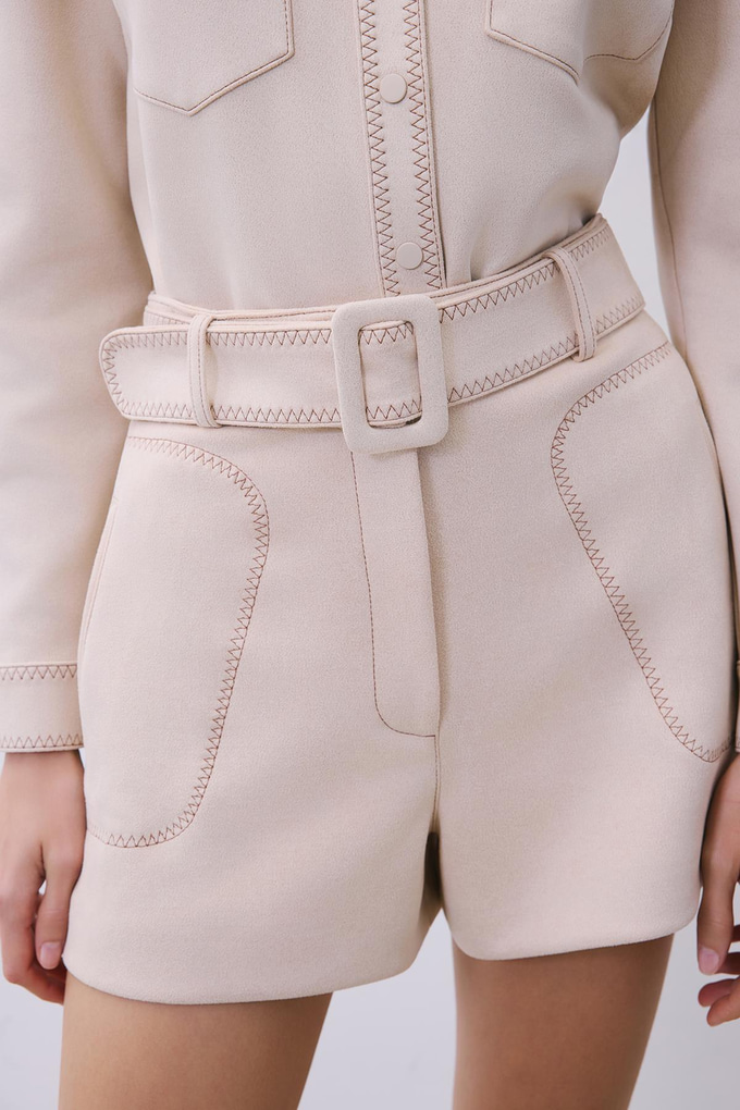 Beige Suede Shorts with Contrast Stitch
