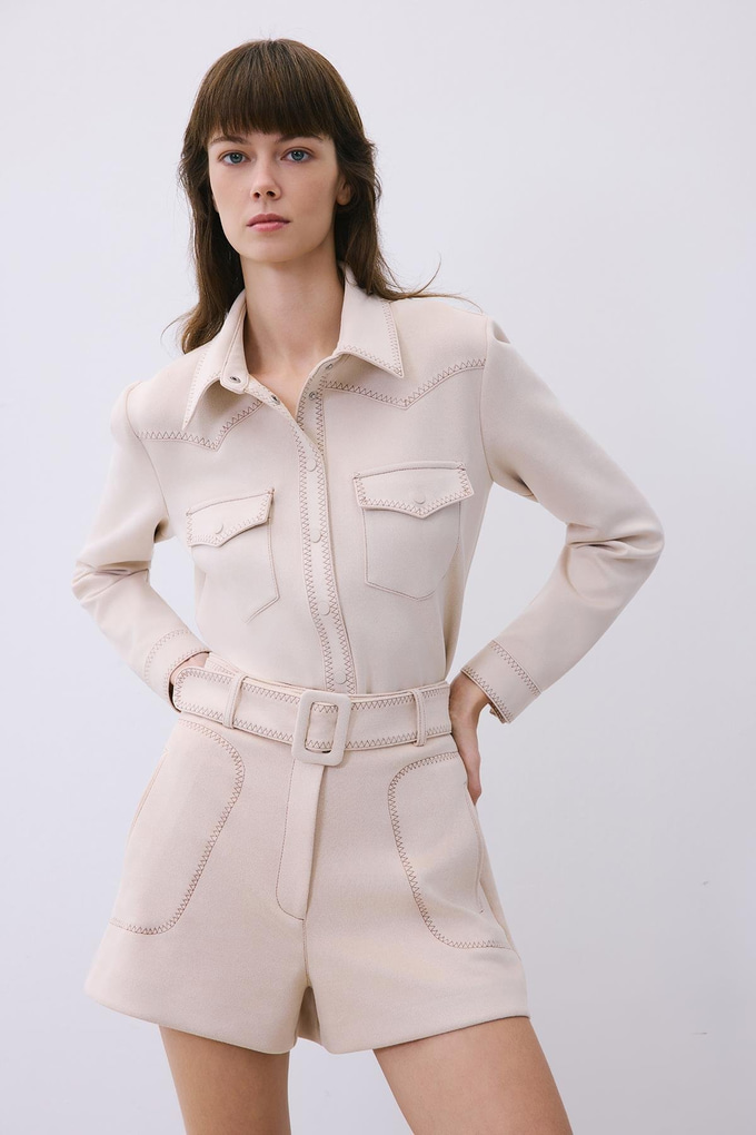 Beige Suede Shorts with Contrast Stitch