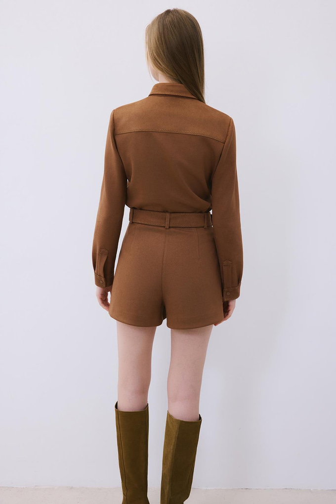 Brown Suede Shorts with Contrast Stitch