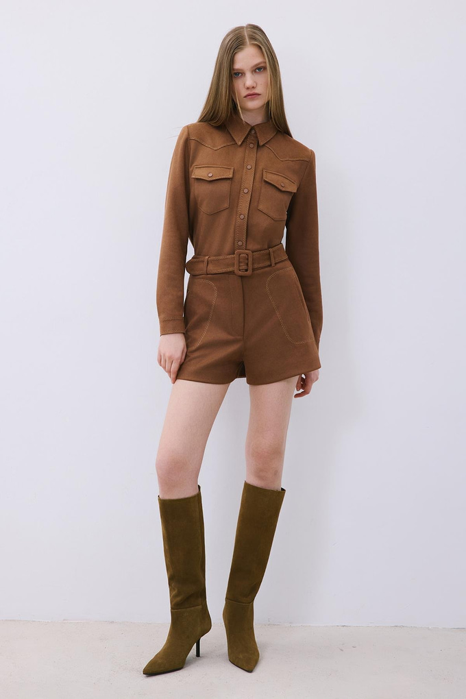 Brown Suede Shorts with Contrast Stitch
