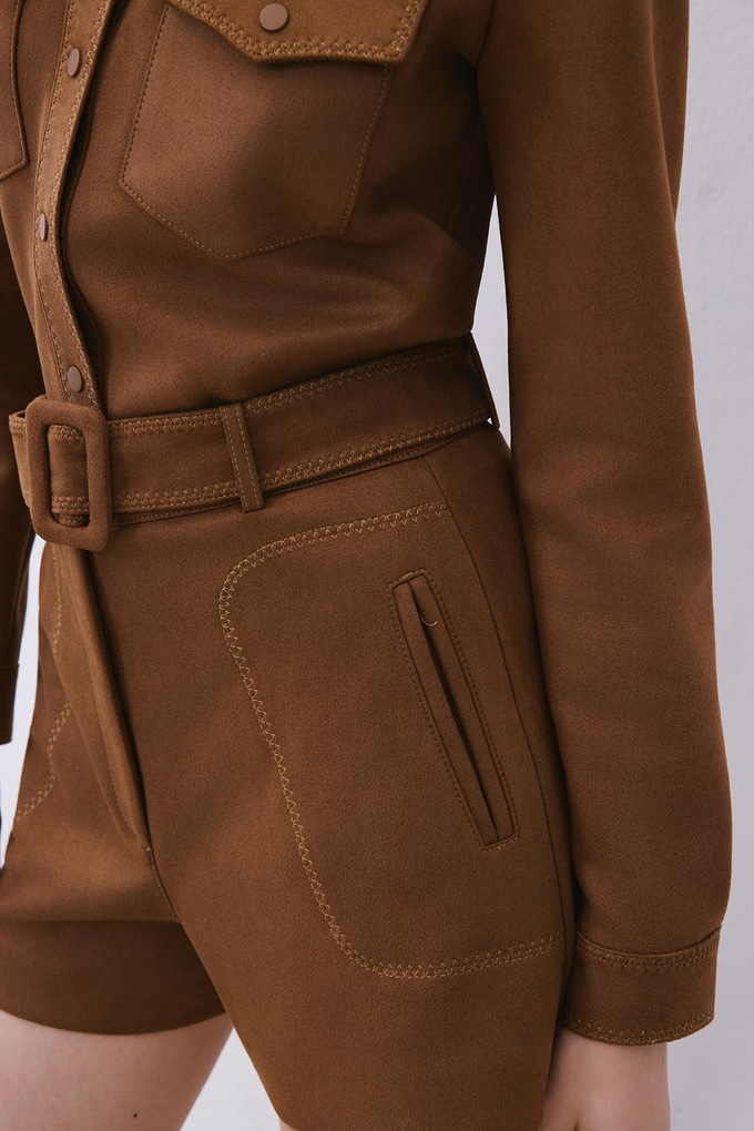 Brown Suede Shorts with Contrast Stitch