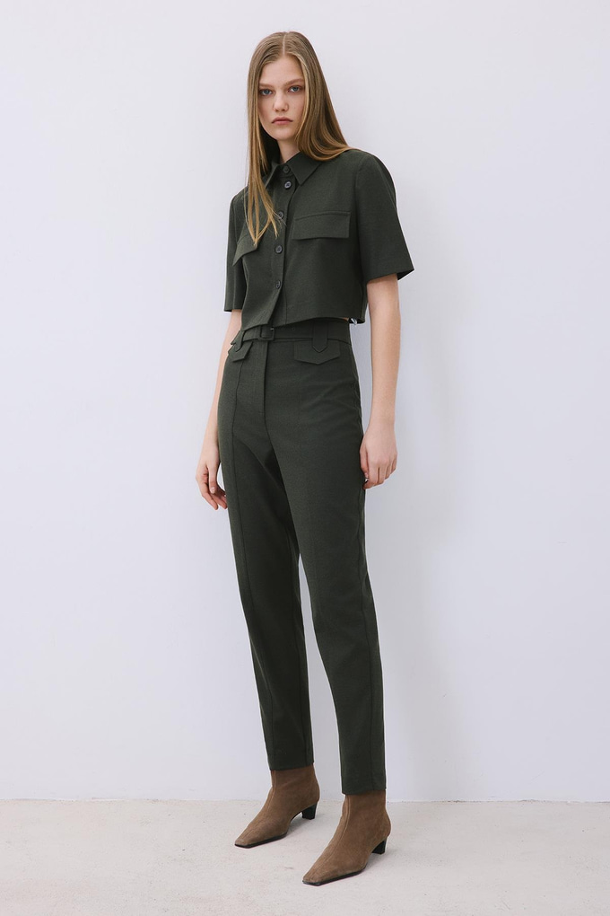 Khaki Wool-Blend Belted Pants with Stitch Details