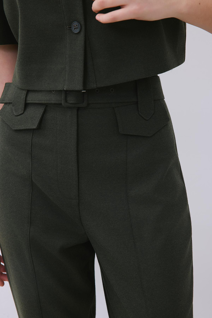 Khaki Wool-Blend Belted Pants with Stitch Details