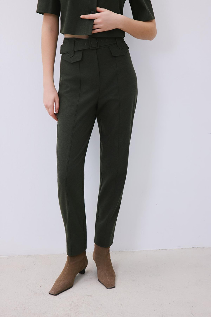 Khaki Wool-Blend Belted Pants with Stitch Details