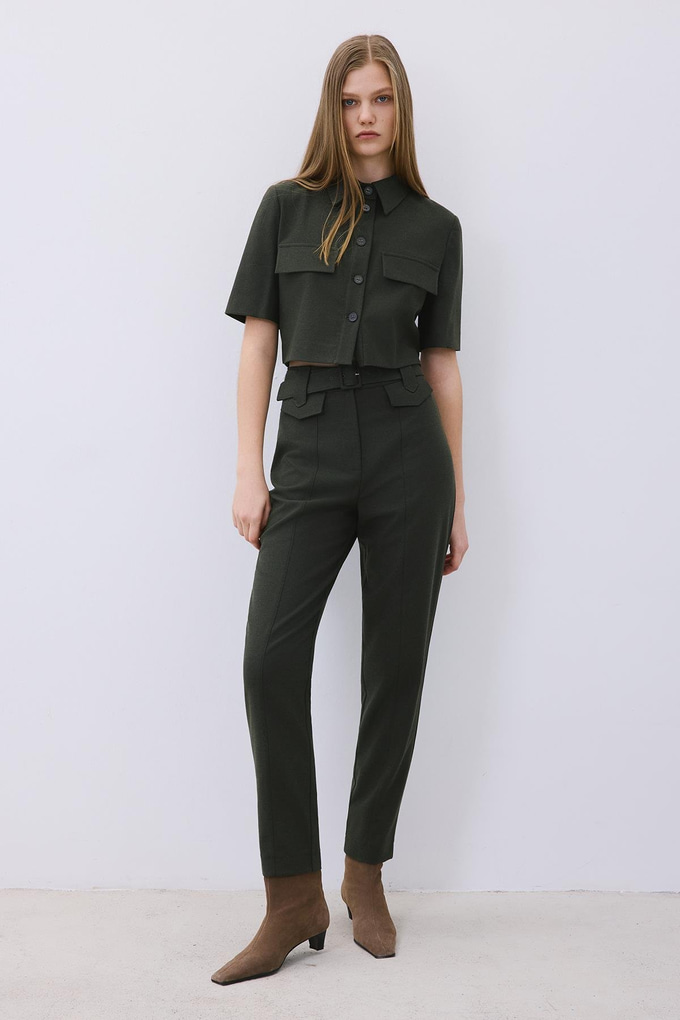 Khaki Wool-Blend Belted Pants with Stitch Details