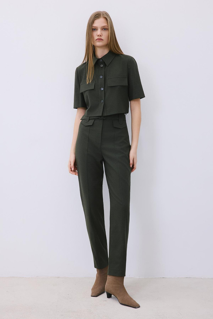 Khaki Wool-Blend Belted Pants with Stitch Details