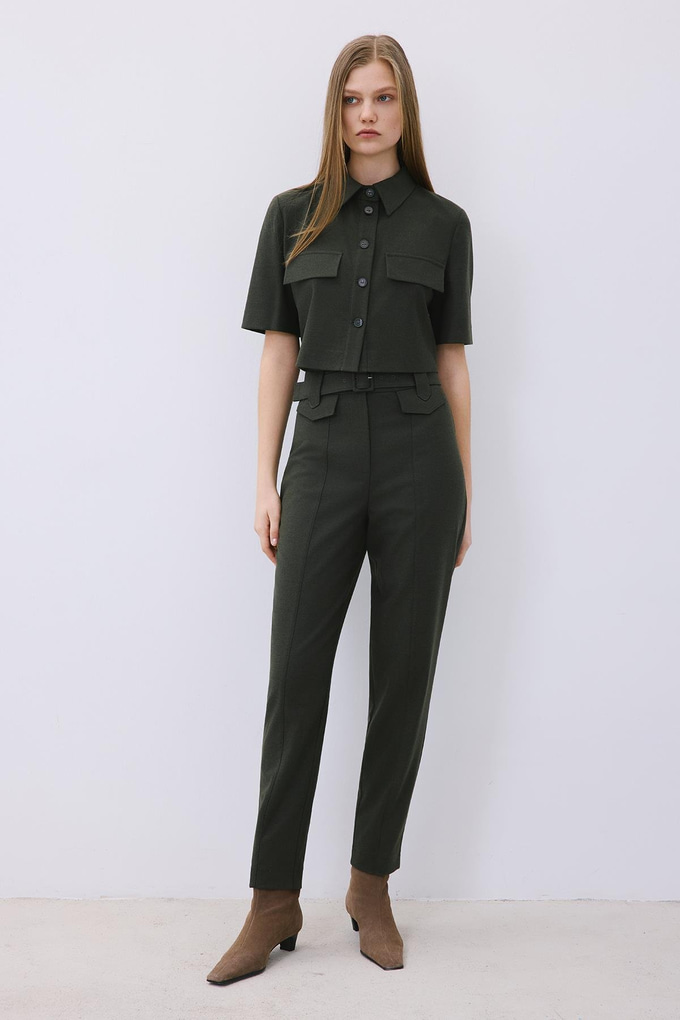 Khaki Wool-Blend Belted Pants with Stitch Details