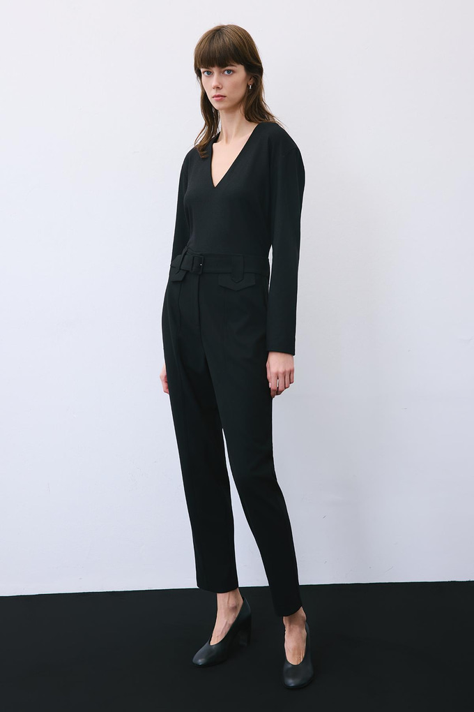 Black Wool-Blend Belted Pants with Stitch Details