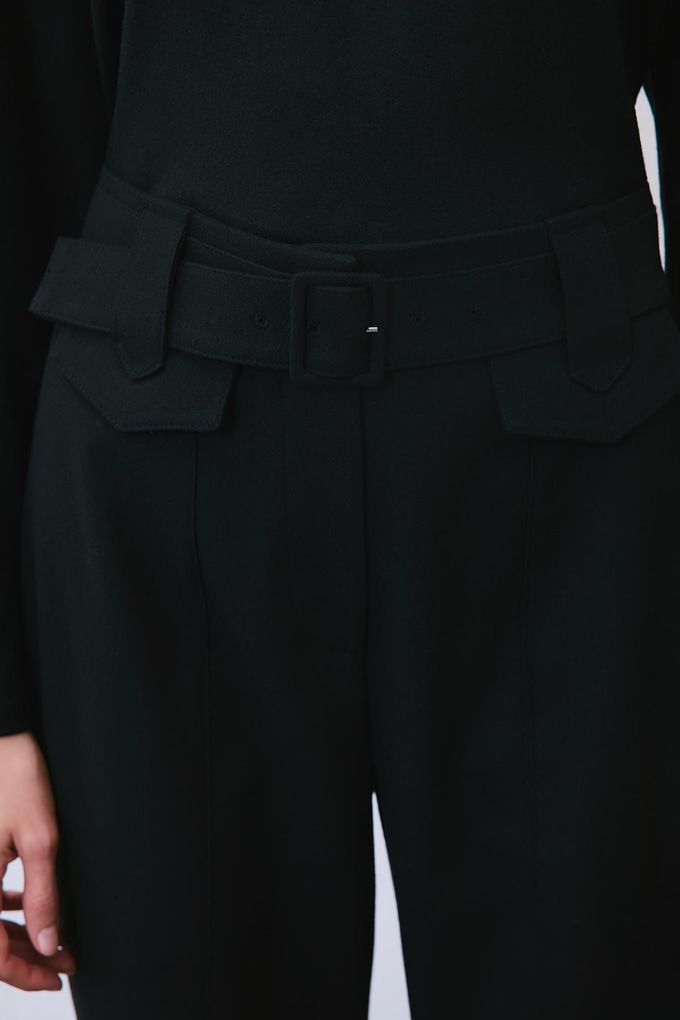 Black Wool-Blend Belted Pants with Stitch Details