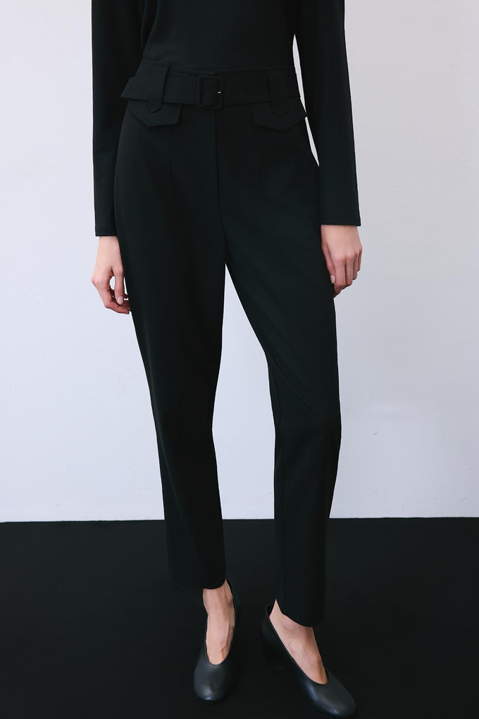 Black Wool-Blend Belted Pants with Stitch Details