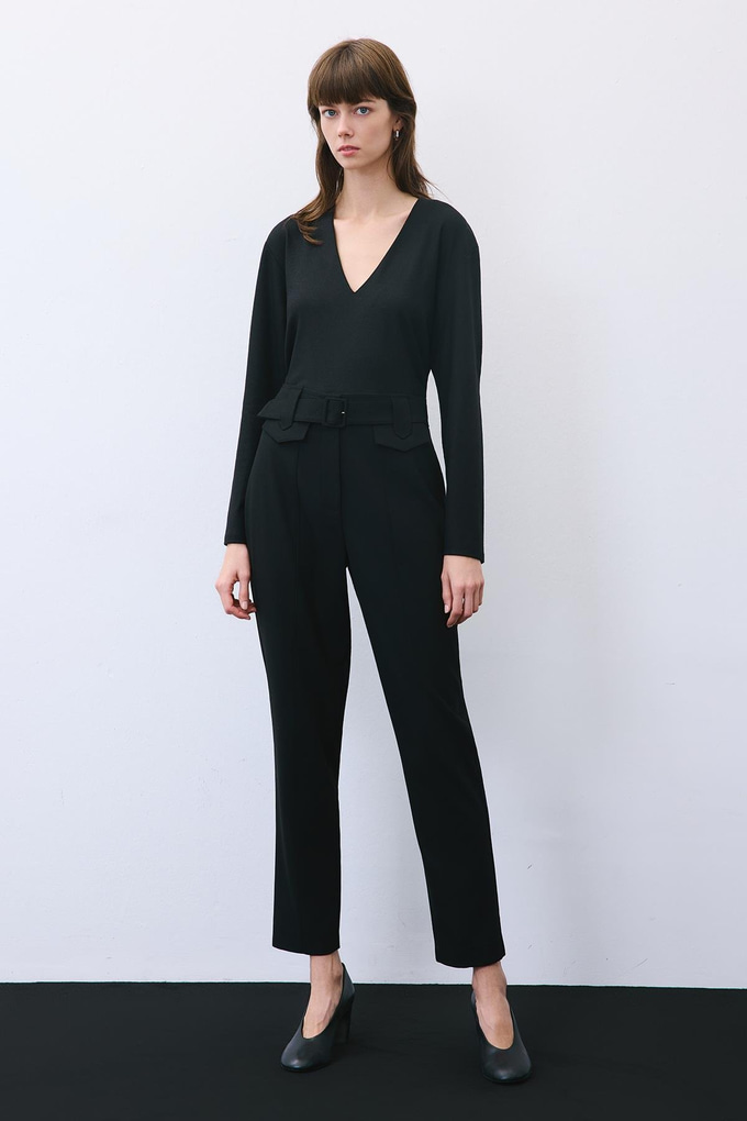 Black Wool-Blend Belted Pants with Stitch Details