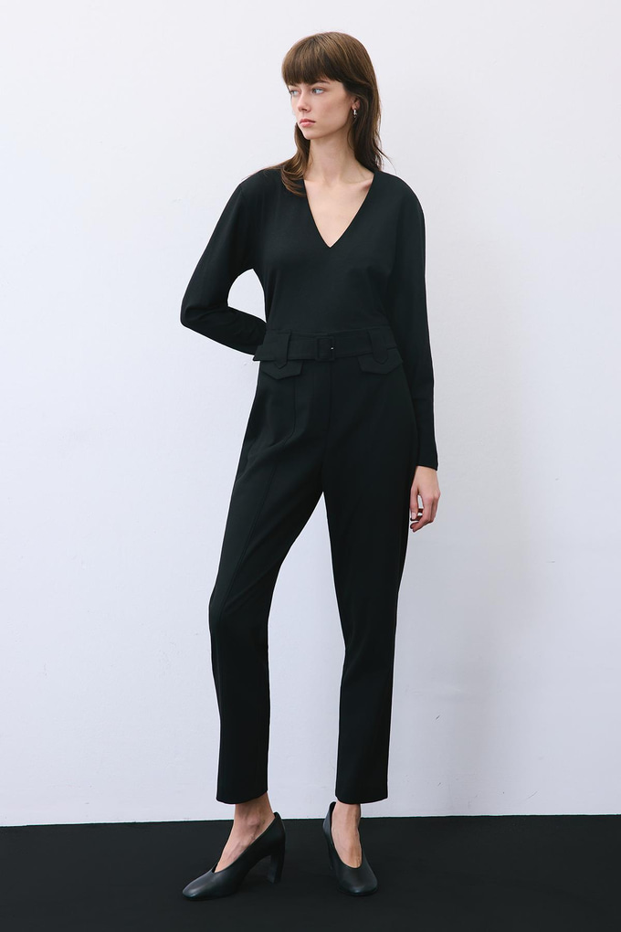 Black Wool-Blend Belted Pants with Stitch Details