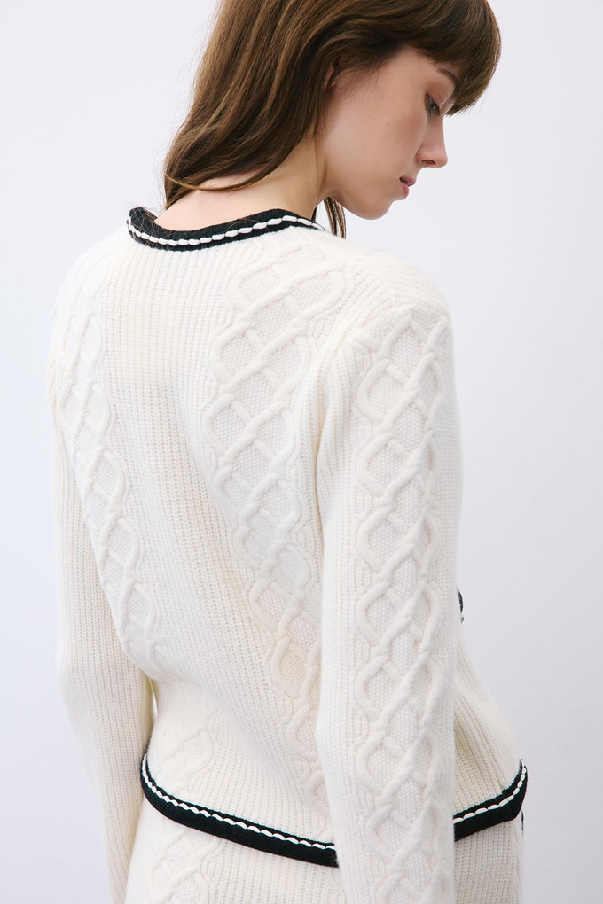 Ecru Knit Cardigan with Contrast Piping