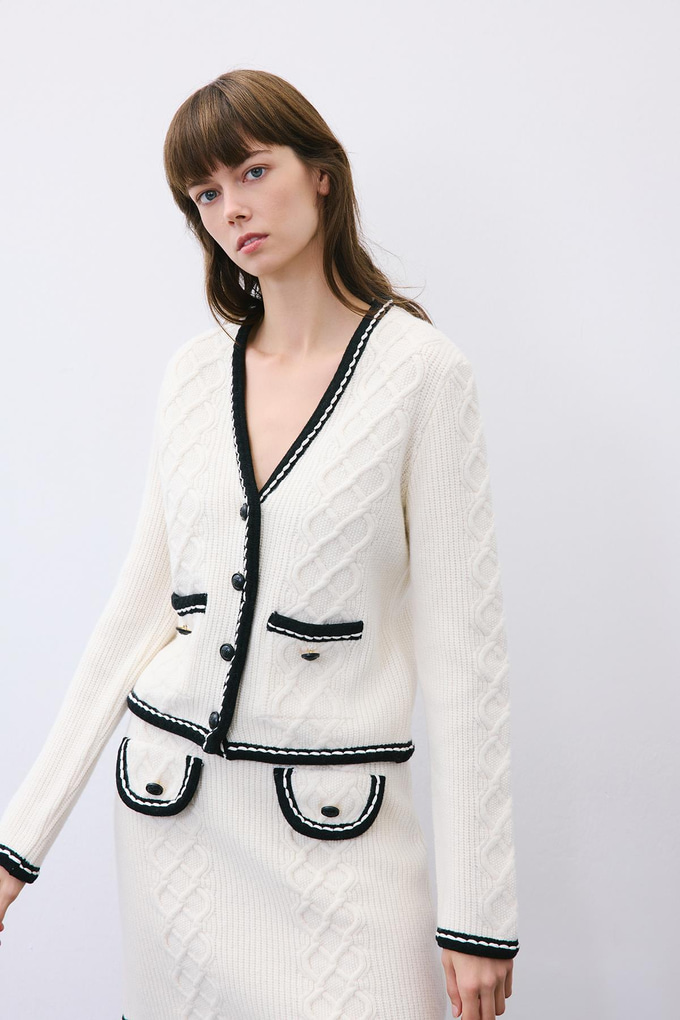 Ecru Knit Cardigan with Contrast Piping