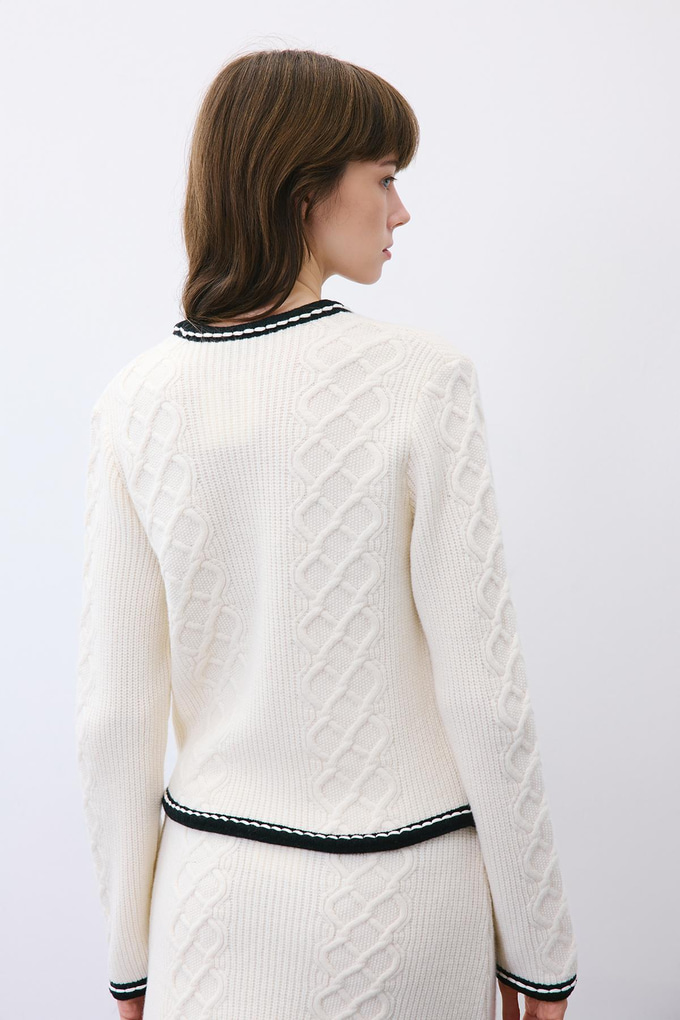 Ecru Knit Cardigan with Contrast Piping
