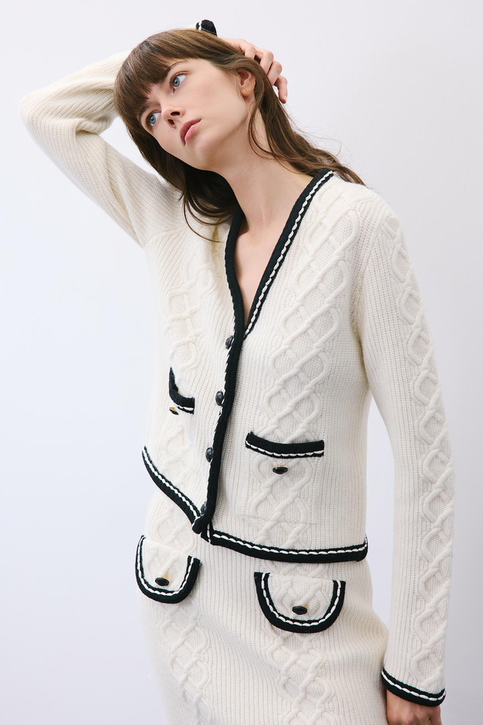 Ecru Knit Cardigan with Contrast Piping