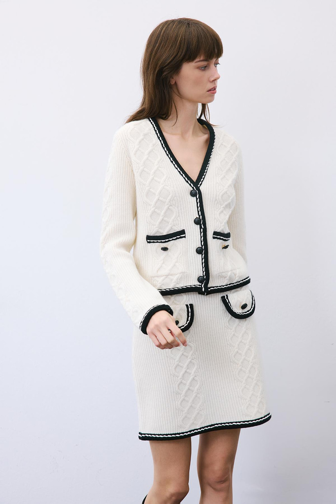 Ecru Knit Cardigan with Contrast Piping