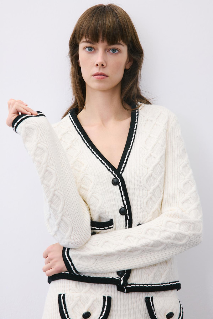 Ecru Knit Cardigan with Contrast Piping