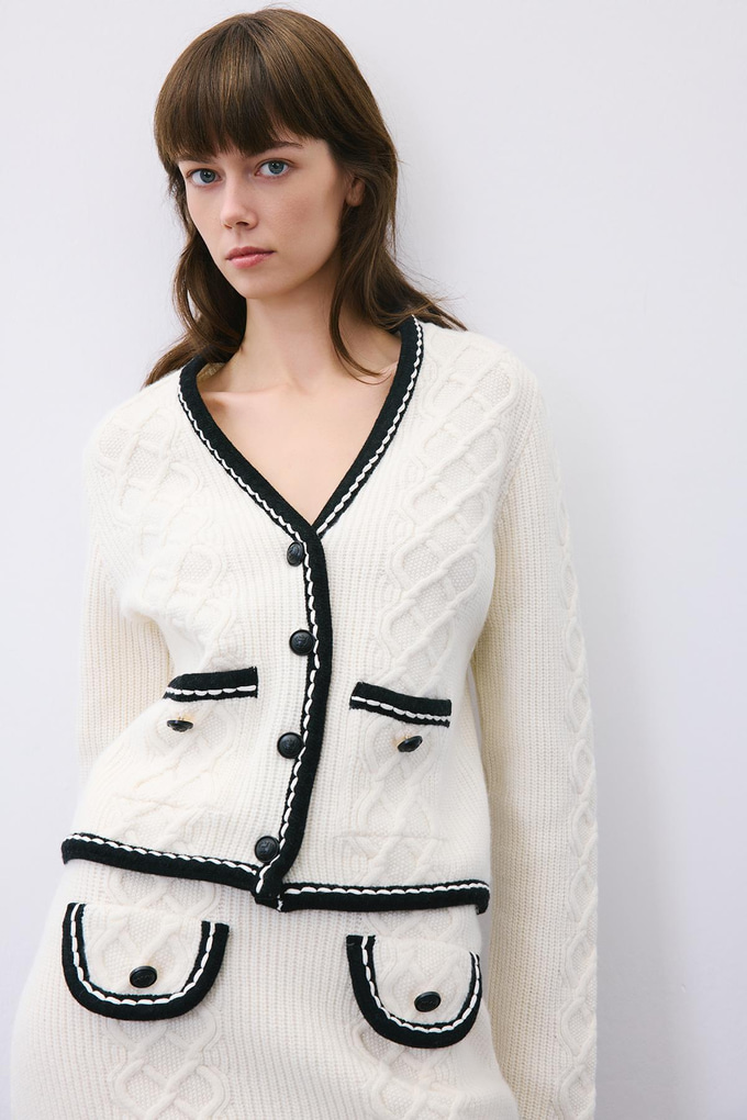 Ecru Knit Cardigan with Contrast Piping