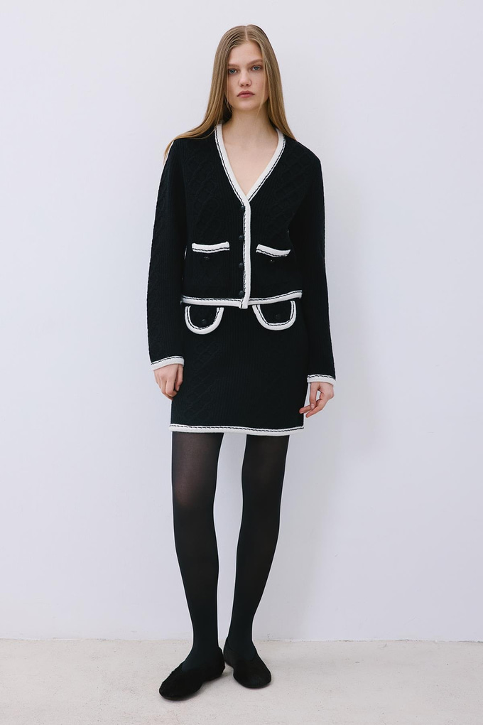 Black Knit Cardigan with Contrast Piping