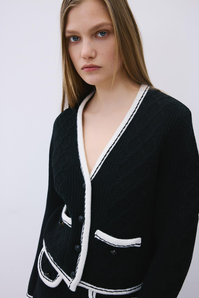 Black Knit Cardigan with Contrast Piping