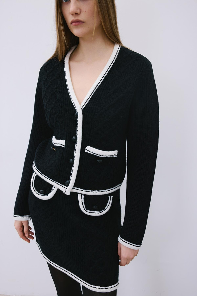 Black Knit Cardigan with Contrast Piping