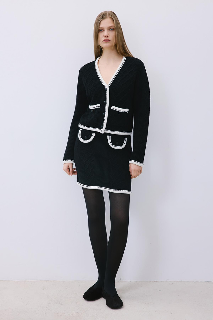 Black Knit Cardigan with Contrast Piping