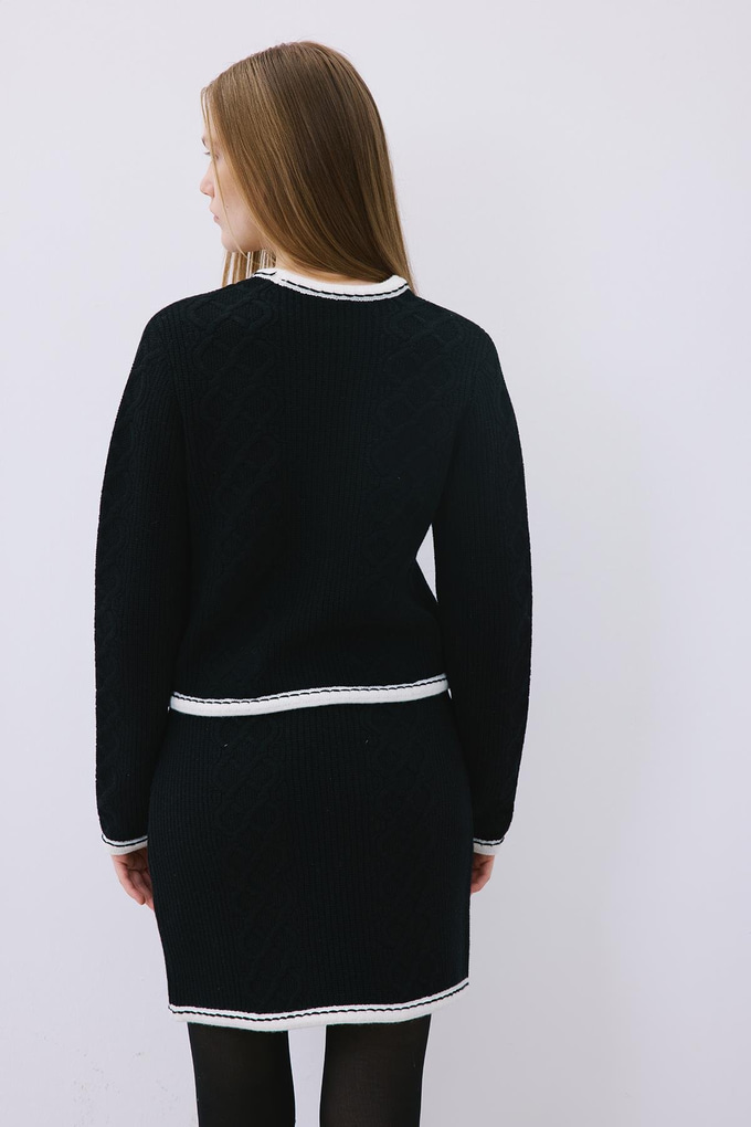 Black Knit Cardigan with Contrast Piping